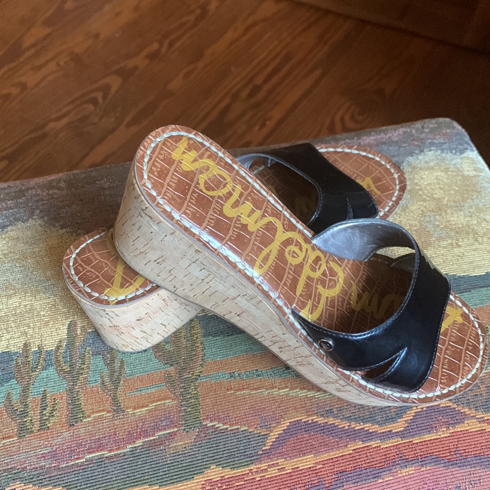 Sam Edelman black patent leather wedges w/ brown leather insole, rubber bottom 7